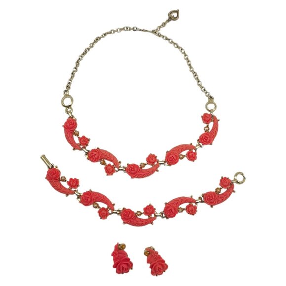 Vintage 1950s Carved Coral Celluloid Roses Necklace Set Earrings Bracelet - Picture 1 of 5